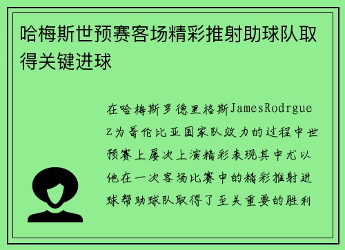 哈梅斯世预赛客场精彩推射助球队取得关键进球